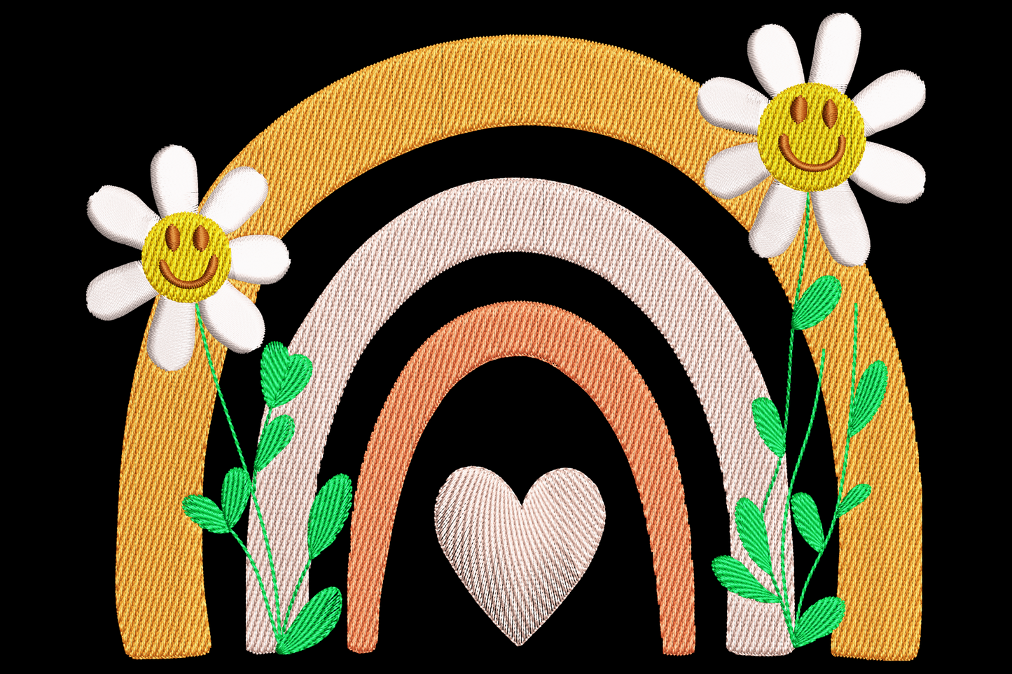 Pastel rainbow with two smiley-face daisies, green leafy vines and a soft peach heart in the centre arch.