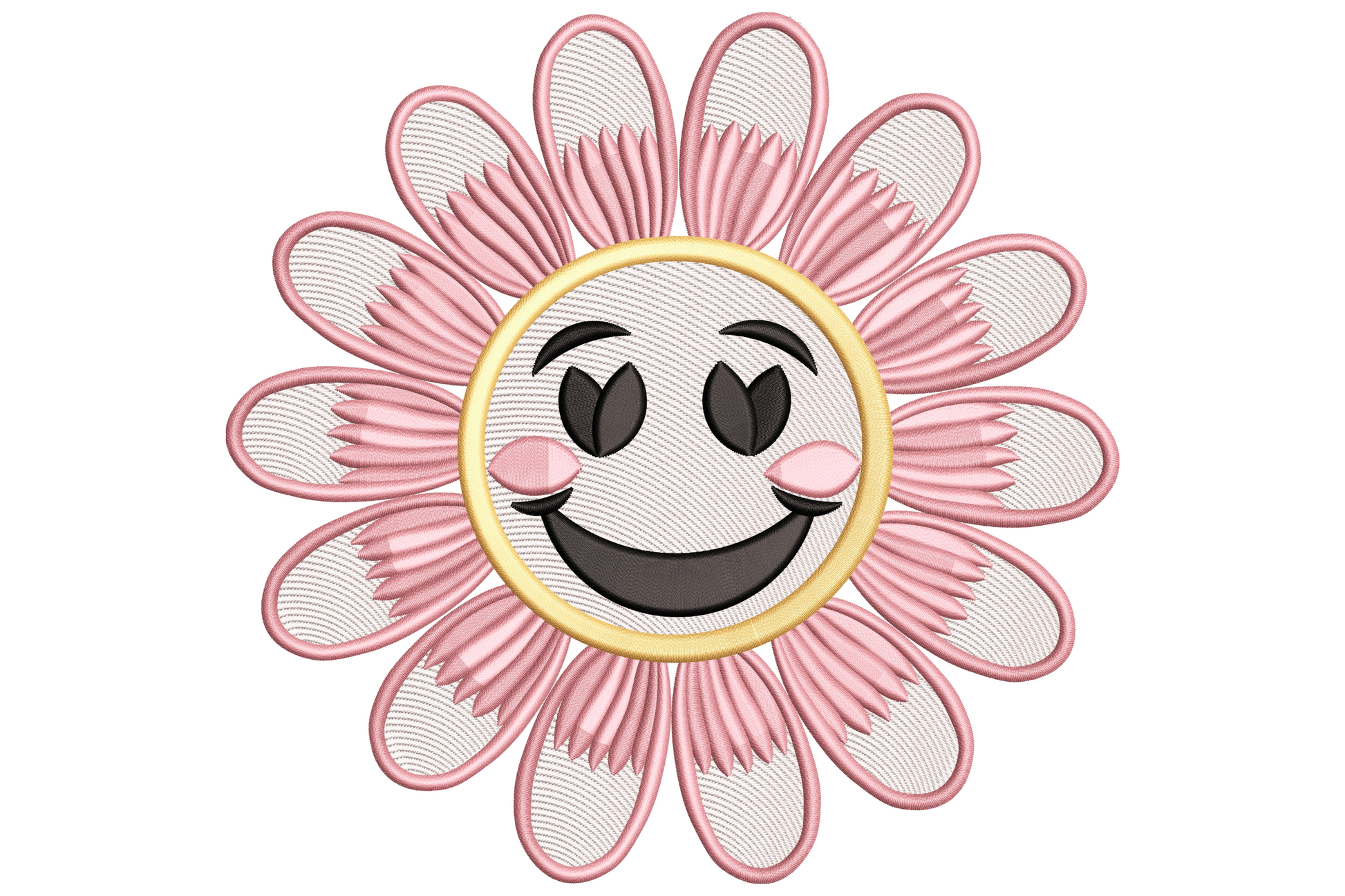 Kawaii smiley flower face embroidery with sunshine yellow petals, dot eyes, wide grin and pink rosy cheeks on white cotton.