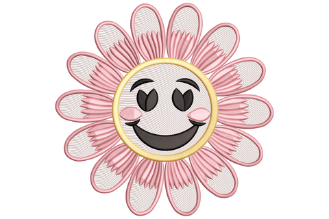Kawaii smiley flower face embroidery with sunshine yellow petals, dot eyes, wide grin and pink rosy cheeks on white cotton.