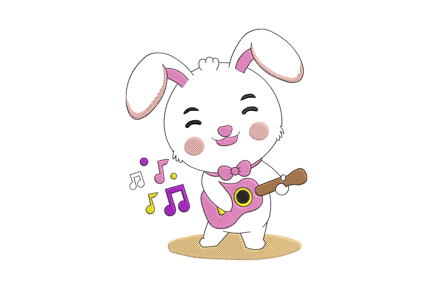Smiling bunny playing ukulele embroidery design with cream body and butter yellow instrument, kawaii cartoon style.