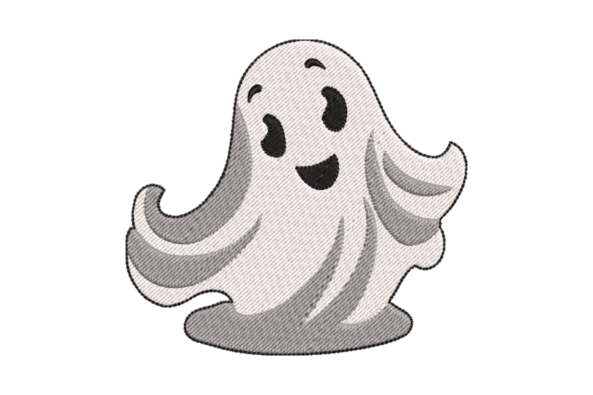 Smiling ghost Halloween embroidery, tall slim white ghost, comma eyes with knowing expression, grey shadow base.
