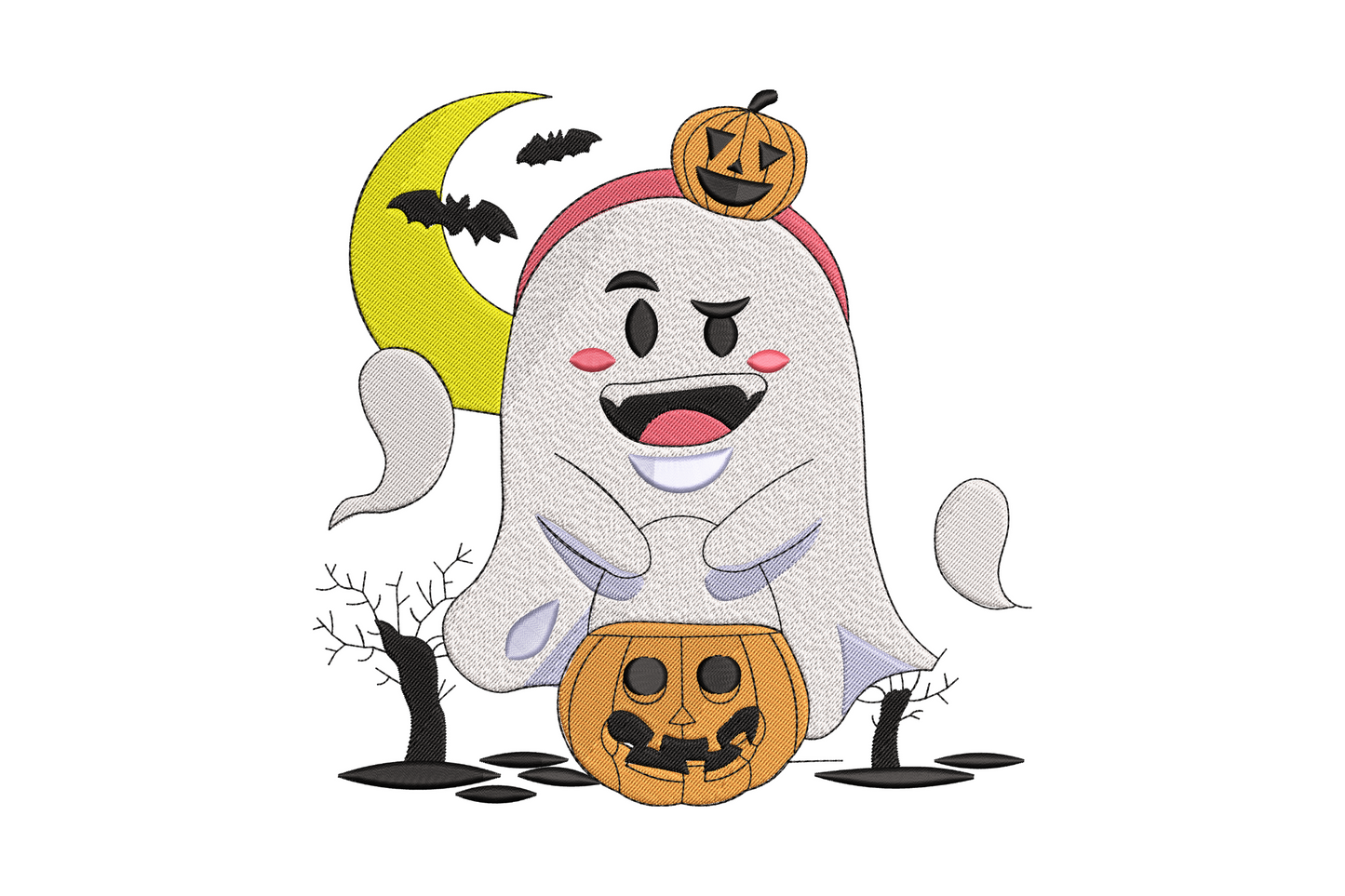 Cute smiling ghost jack o lantern embroidery design, orange pumpkin on head, yellow moon bare trees, 6 colours