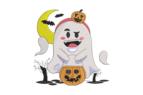 Cute smiling ghost jack o lantern embroidery design, orange pumpkin on head, yellow moon bare trees, 6 colours