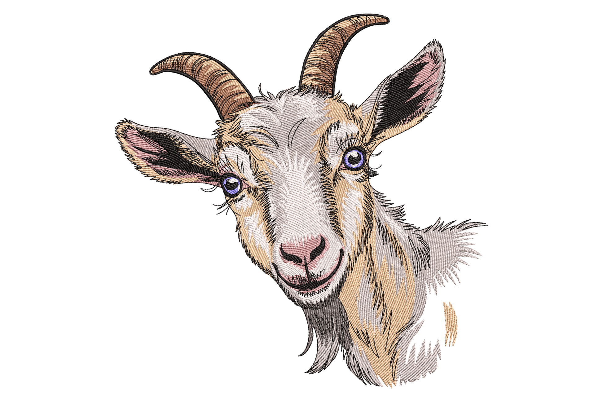 Realistic smiling goat embroidery, cream coat, brown curved horns, pink ears, navy eyes, closed mouth grin