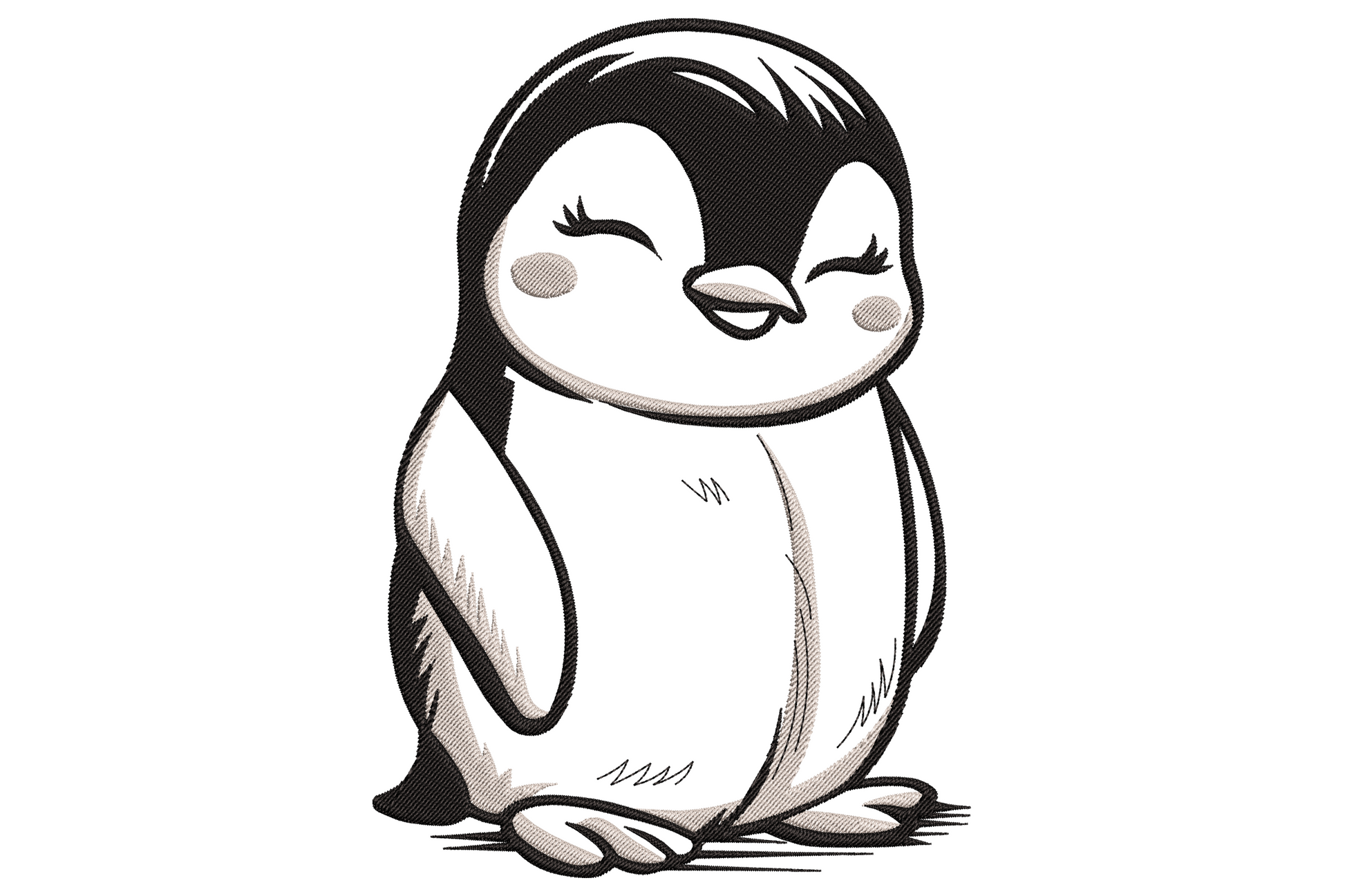 Smiling cartoon baby penguin with eyes closed, tilted head and pink blush cheeks, black and cream embroidery design