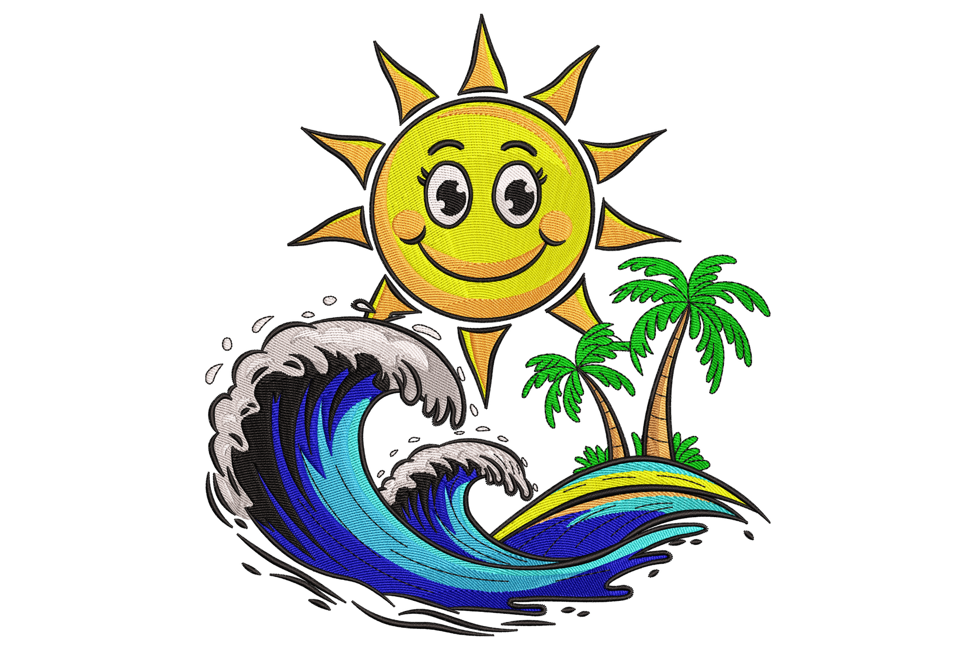 Smiling sun embroidery with yellow rays, blue crashing wave, foamy white crest, two palm trees on sandy island.
