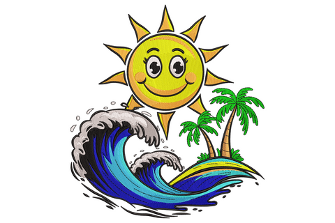 Smiling sun embroidery with yellow rays, blue crashing wave, foamy white crest, two palm trees on sandy island.