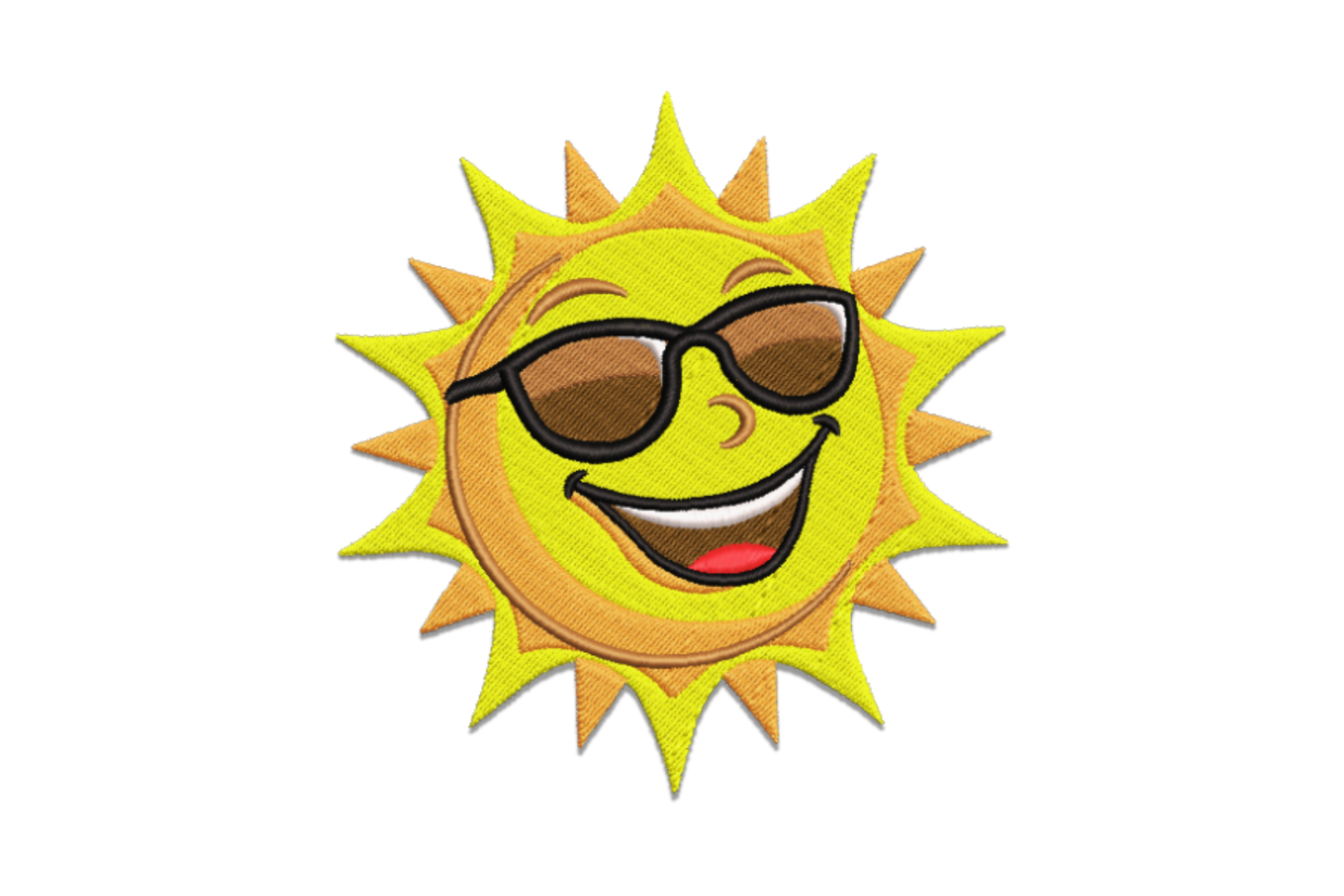 Smiling sun with sunglasses embroidery design showing cartoon sun face with goofy grin, chunky rays and square brown sunglasses frames in yellow orange and black