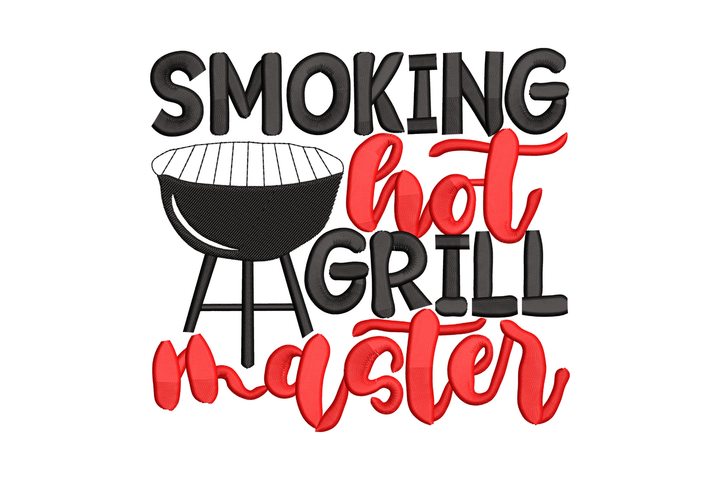 Smoking Hot Grill Master embroidery design in flowing script with smoke wisps in charcoal and ember orange thread on oat apron fabric.