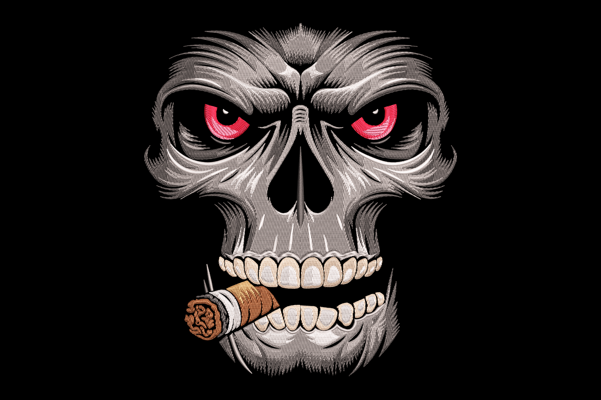 Smoking skull embroidery design with cigarette and smoke wisps, 9 colours, detailed shading, gothic style on dark background