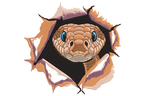 Snake peeking through torn fabric wall embroidery design, detailed terra-cotta scales and vivid blue eyes in 11 colours on dark background.