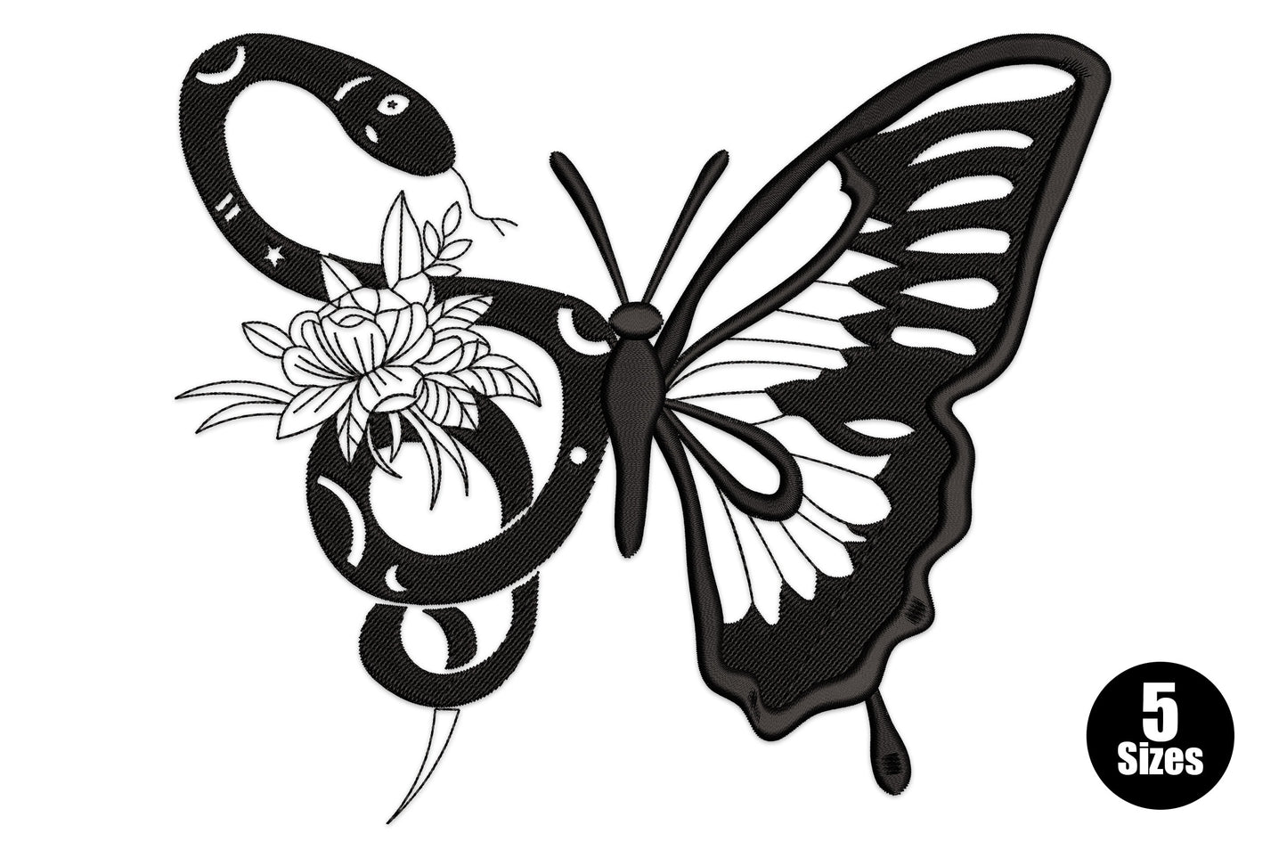 Snake butterfly fusion embroidery with swallowtail right wing in black fill and a coiled serpent replacing the left wing.