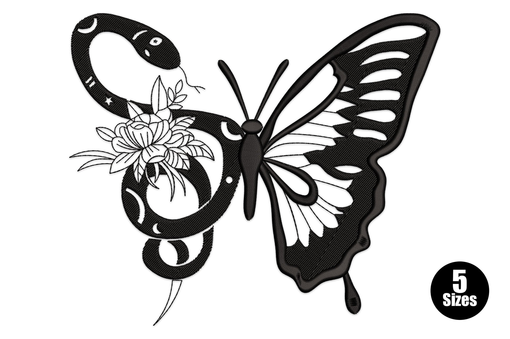 Snake butterfly fusion embroidery with swallowtail right wing in black fill and a coiled serpent replacing the left wing.