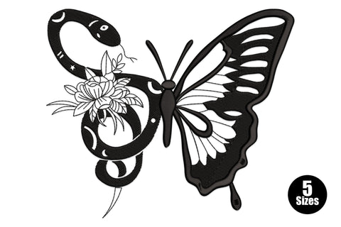 Snake butterfly fusion embroidery with swallowtail right wing in black fill and a coiled serpent replacing the left wing.