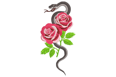 Gothic snake and rose embroidery design with coiled charcoal snake threading through two open pink roses and green leaves.