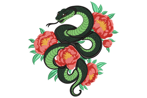 Botanical embroidery with a coiled olive and ochre snake winding through wine roses, blush peony, mustard daisy, and indigo bud, tall narrow vertical layout.