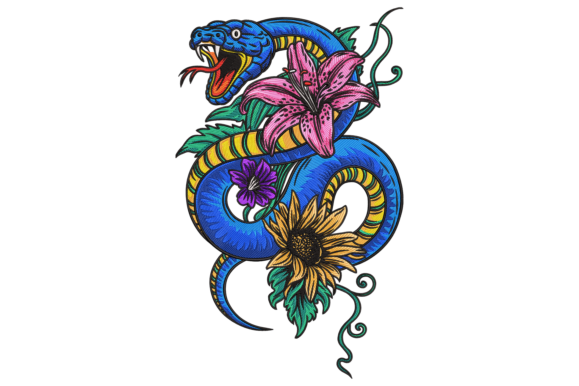 Snake with flowers embroidery design, blue snake with yellow stripes coiled around pink lily, sunflower and purple violet.