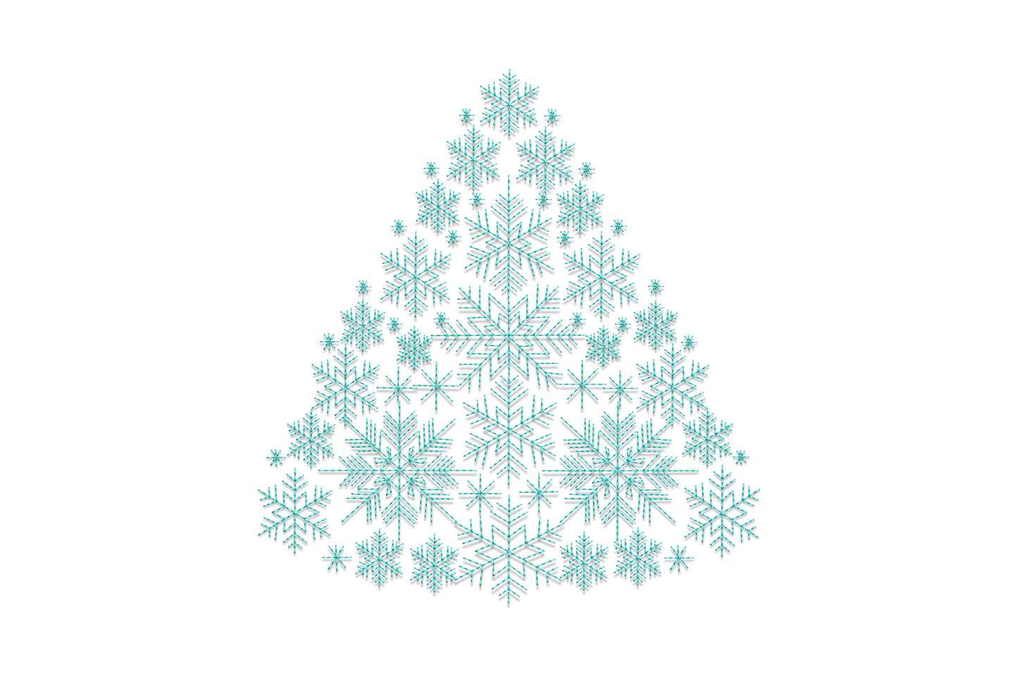 Snowflake christmas tree embroidery in aqua thread, triangular tree built from clustered snowflakes, no trunk.