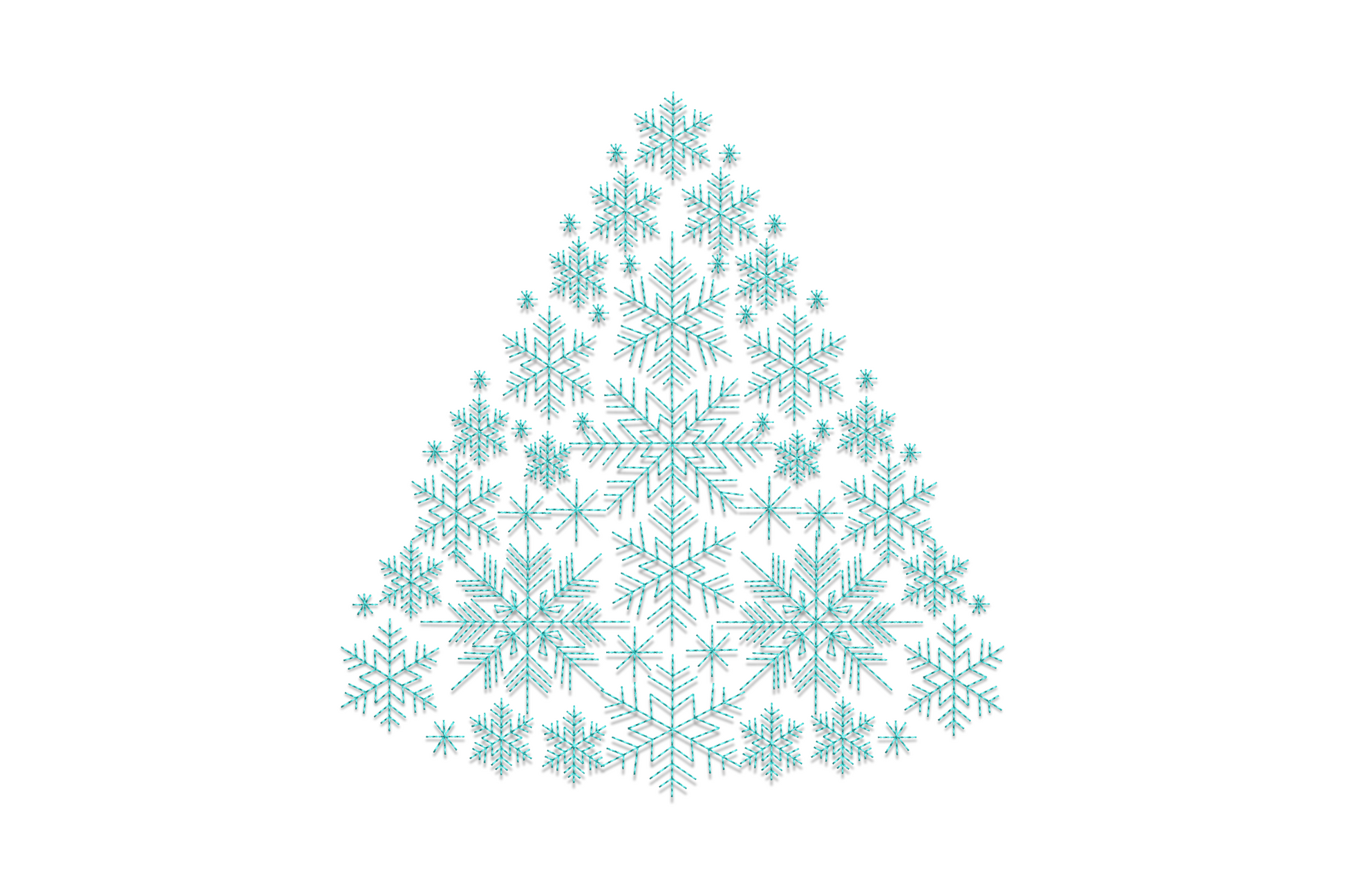 Snowflake christmas tree embroidery in aqua thread, triangular tree built from clustered snowflakes, no trunk.