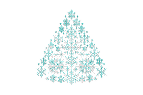 Snowflake christmas tree embroidery in aqua thread, triangular tree built from clustered snowflakes, no trunk.