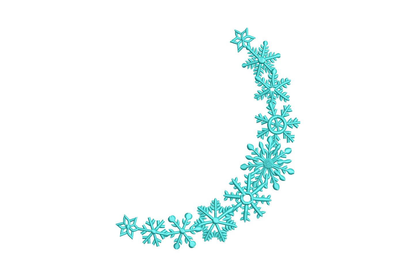 Snowflake crescent border embroidery design, sweeping arc of detailed teal snowflakes in graduated sizes, single color thread