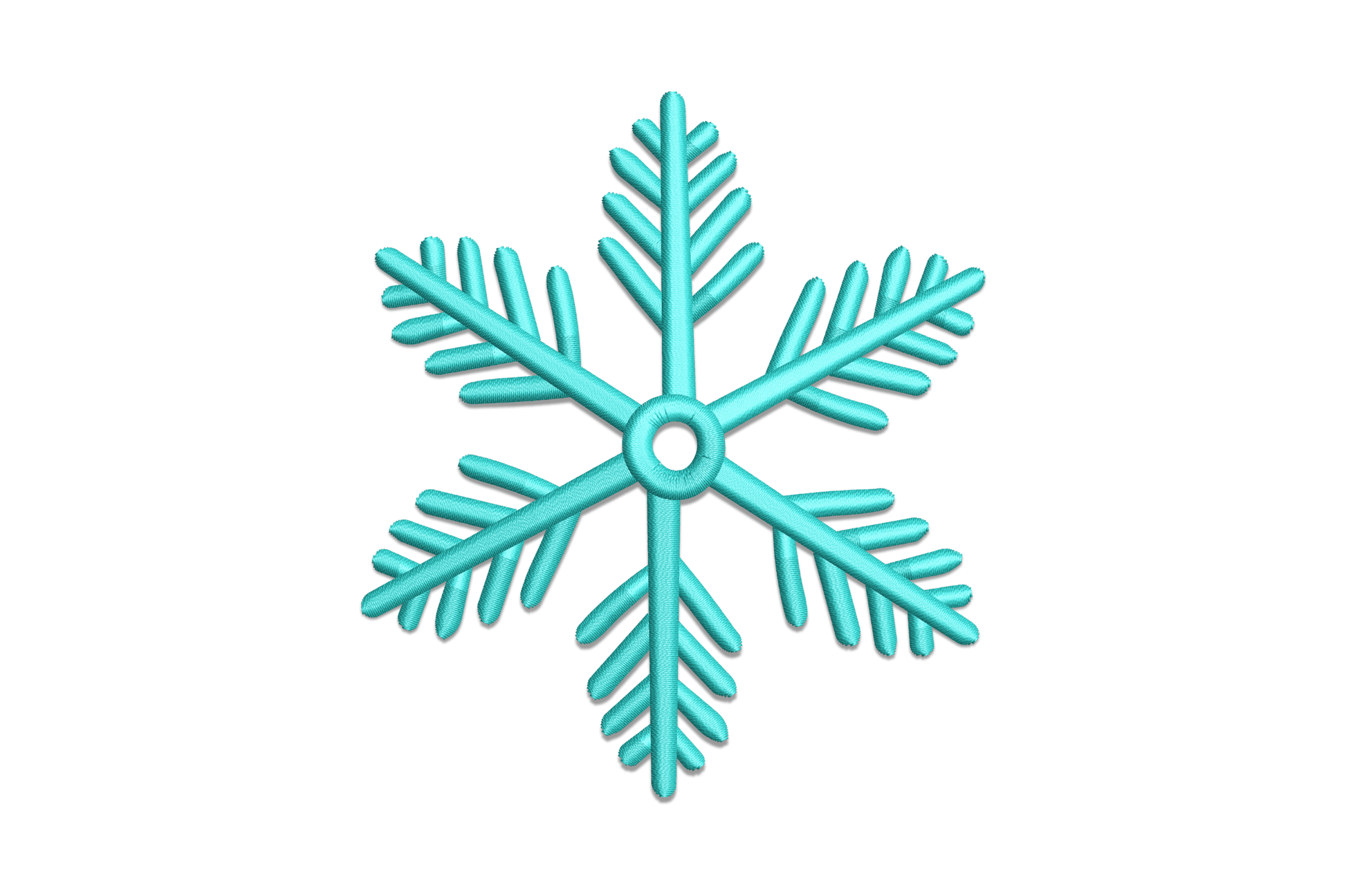 Classic 6-arm snowflake machine embroidery design in aqua satin fill on white background, symmetrical crystal shape with tapered sub-arms