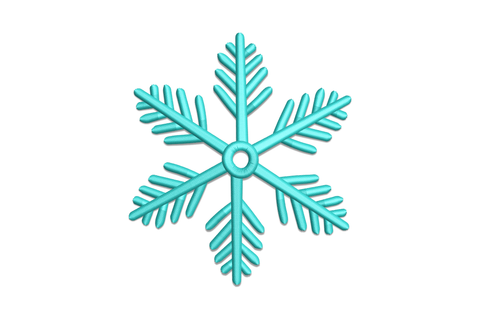 Classic 6-arm snowflake machine embroidery design in aqua satin fill on white background, symmetrical crystal shape with tapered sub-arms