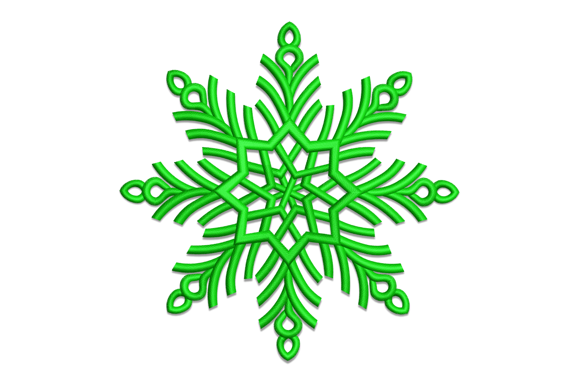Snowflake line art machine embroidery design in dark green with feathery fern-style arms, needle-point tips and teardrop loop end caps on white background