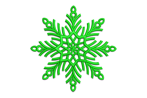 Snowflake line art machine embroidery design in dark green with feathery fern-style arms, needle-point tips and teardrop loop end caps on white background