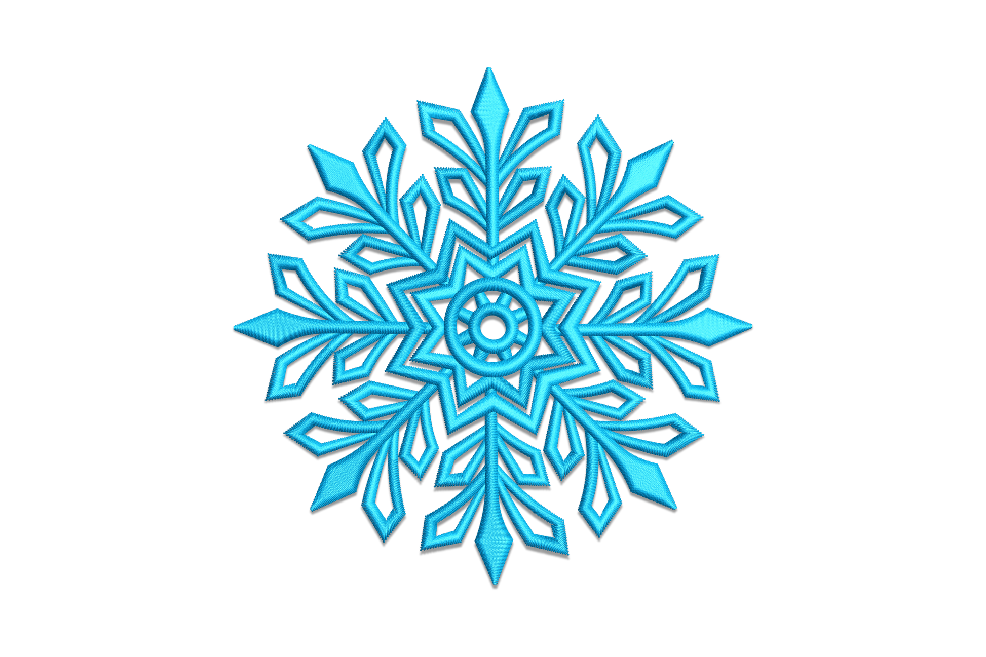Snowflake embroidery design, geometric six-arm snowflake with lace-like open lattice centre, single colour, 4 sizes, winter theme