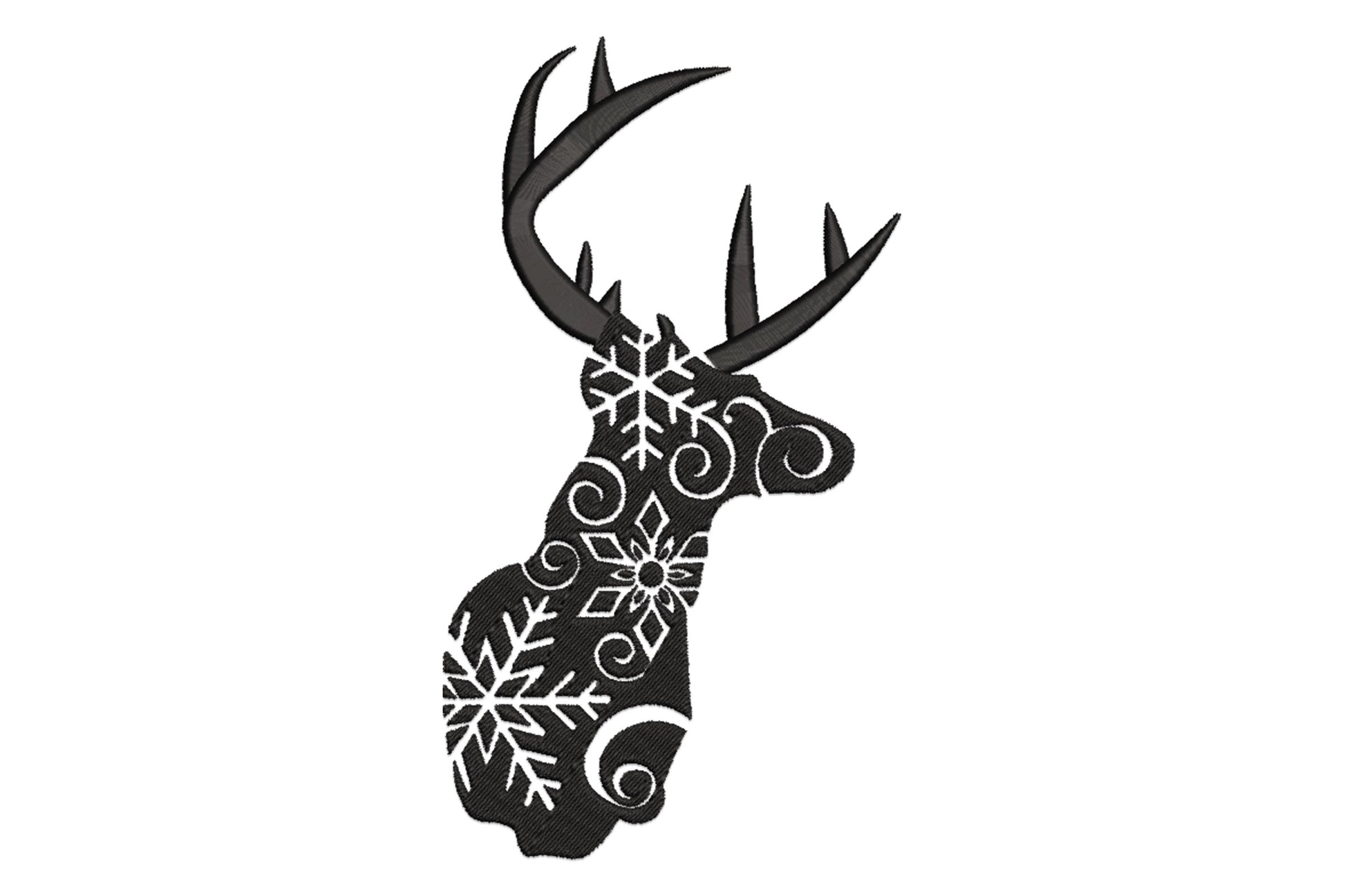 Snowflake stag head embroidery, solid black deer silhouette with negative-space snowflakes and swirl details inside the body.