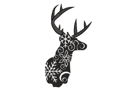 Snowflake stag head embroidery, solid black deer silhouette with negative-space snowflakes and swirl details inside the body.