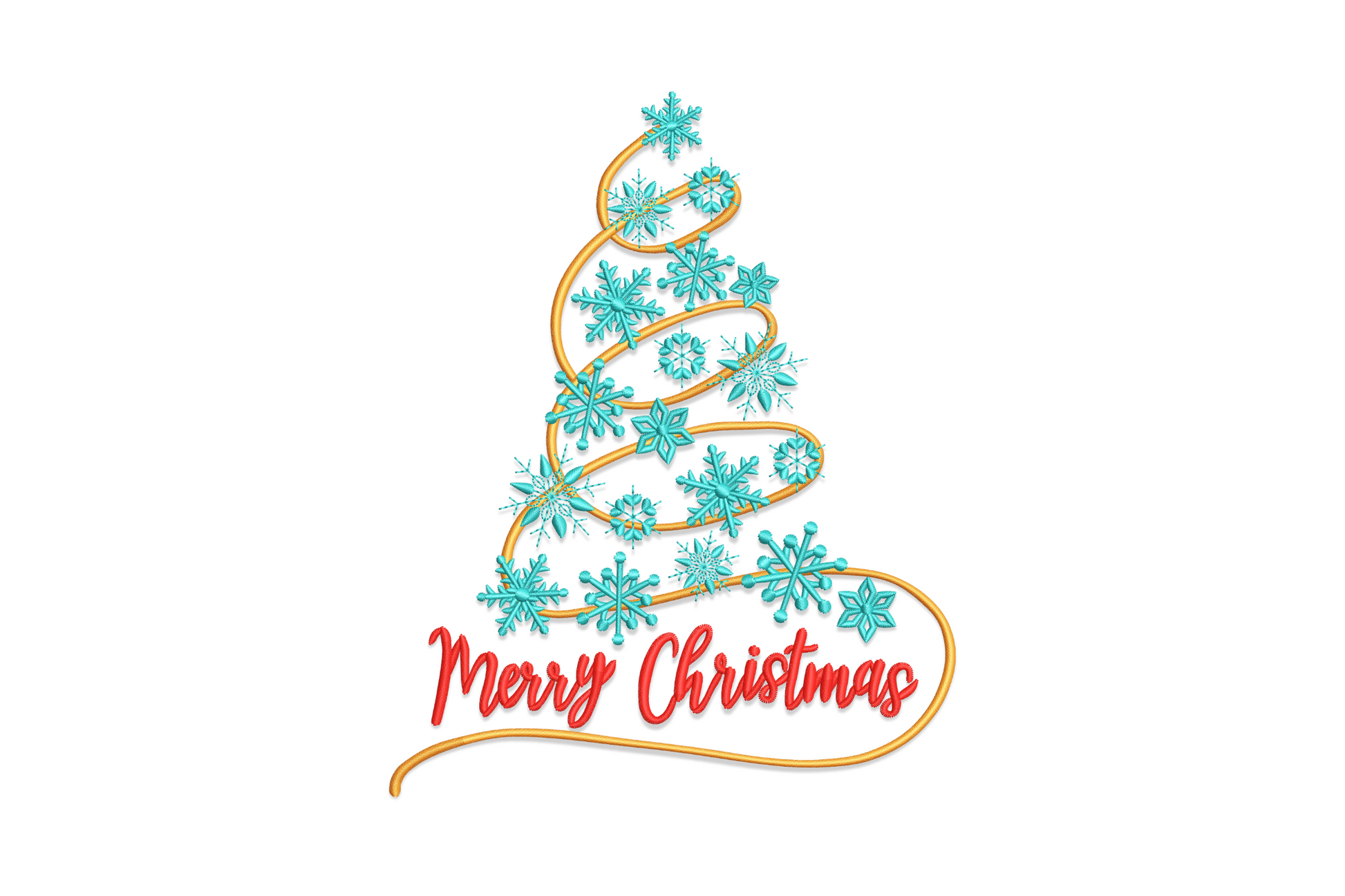 Abstract Christmas tree embroidery design made from a continuous gold spiral swirl with scattered teal snowflakes and Merry Christmas in red cursive script at the base.