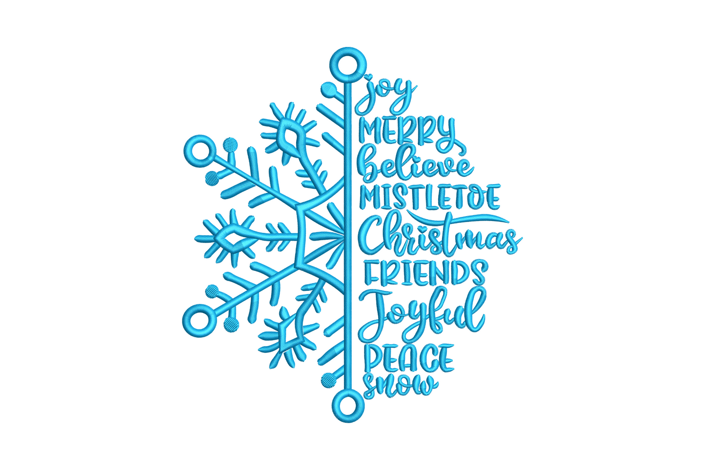Snowflake shape built from layered Christmas words including Joy Merry Believe Peace, single blue colour embroidery design