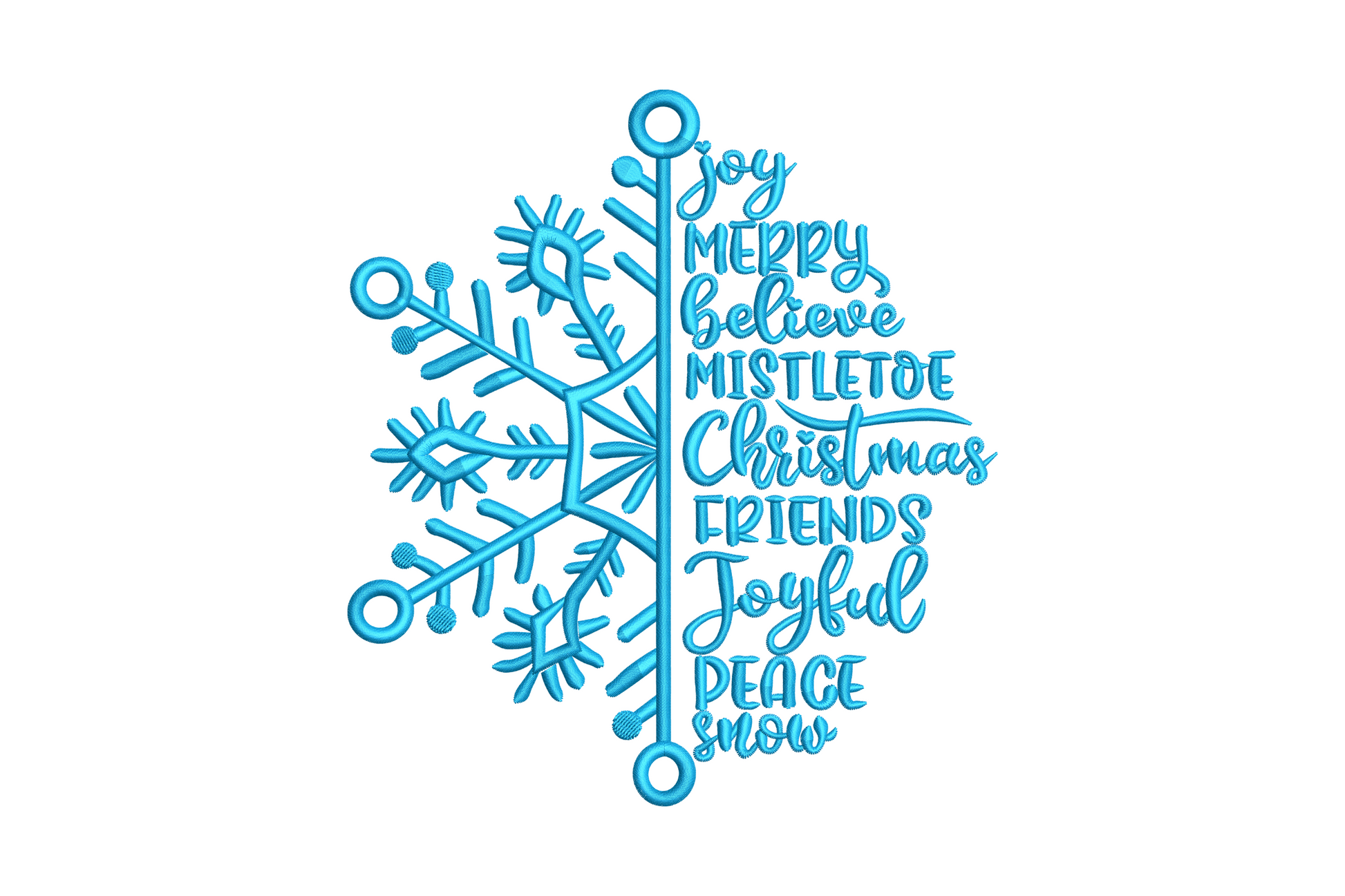 Snowflake shape built from layered Christmas words including Joy Merry Believe Peace, single blue colour embroidery design