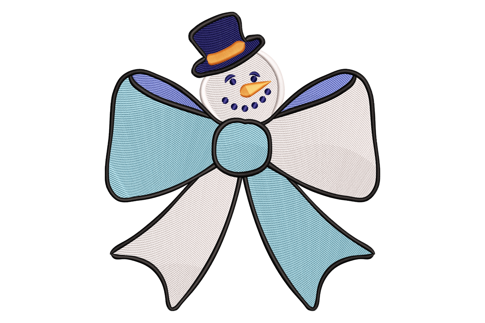 Snowman bow embroidery design with a large light blue and white satin ribbon bow and a cute snowman face with navy top hat in the centre knot.