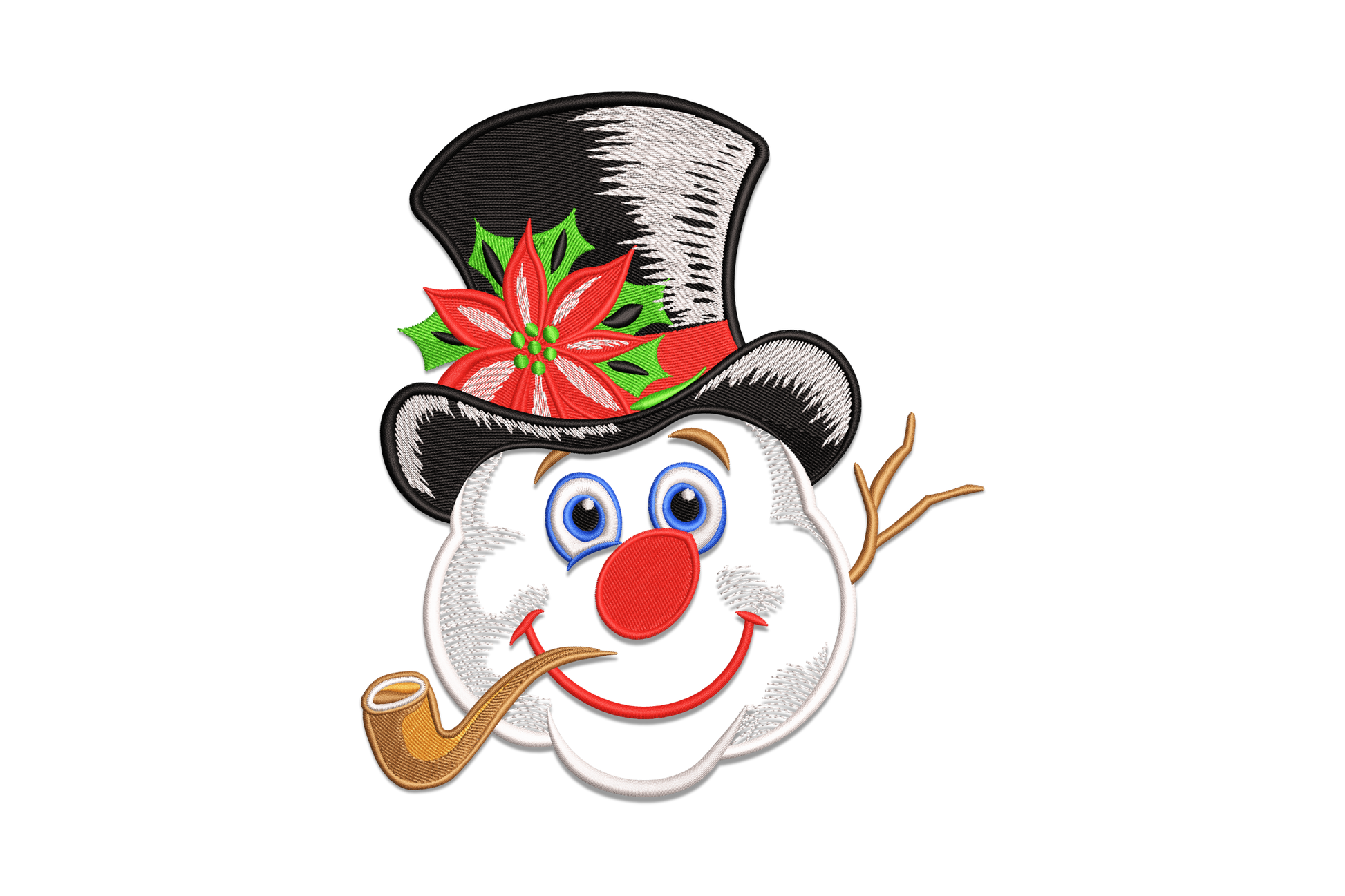 Machine embroidery design of a snowman face with black top hat, red poinsettia, aqua eyes, red nose and brown pipe, 13 colors