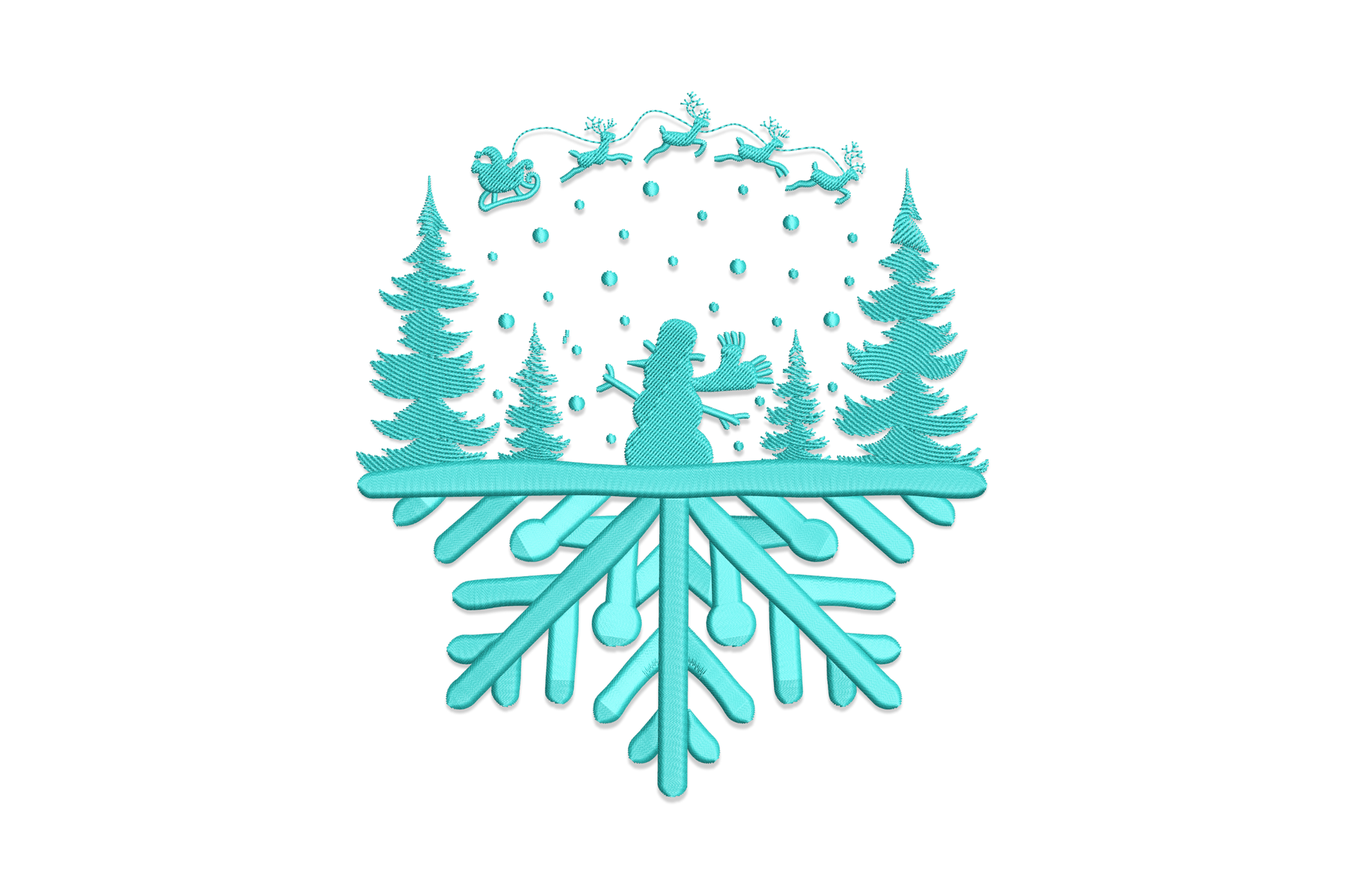 Snowman forest snowflake embroidery design in aqua thread, split composition showing winter pine scene above and geometric snowflake below, 4 sizes from 4 to 6.72 inches.