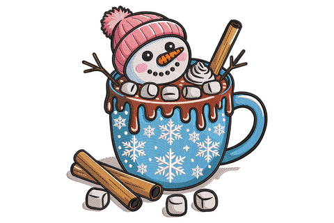 Snowman in pink beanie sitting in powder blue snowflake mug with cocoa drip, marshmallows and cinnamon sticks, cosy winter embroidery design
