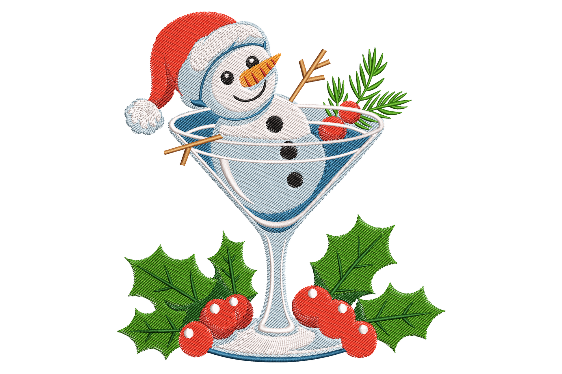 Funny snowman in a tall martini glass embroidery design with red santa hat, carrot nose, twig arms and holly berries around the base