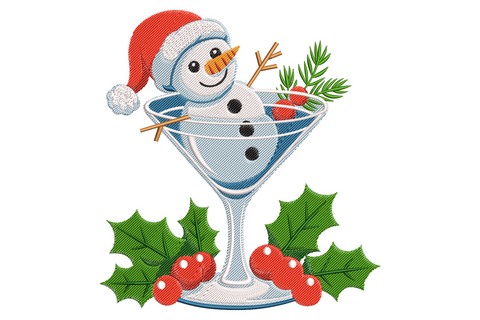 Funny snowman in a tall martini glass embroidery design with red santa hat, carrot nose, twig arms and holly berries around the base