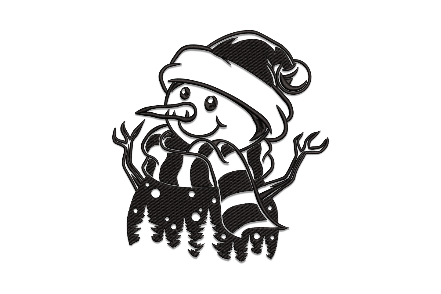 Snowman silhouette embroidery design with clean solid fill shape, hat, scarf and carrot nose in single colour thread.