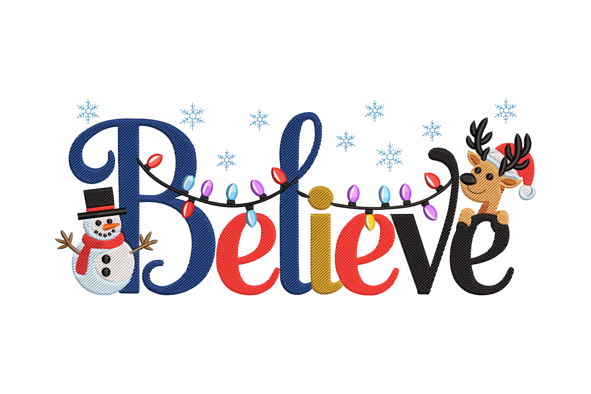 Believe word art in navy script with snowman in black top hat beside B and reindeer head with Santa hat on V, christmas lights and snowflakes embroidery