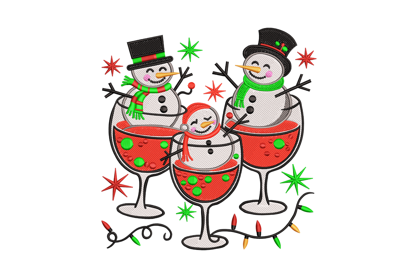 Machine embroidery of three cheerful snowmen in red wine glasses with holly, Christmas light strands, and star snowflakes scattered around