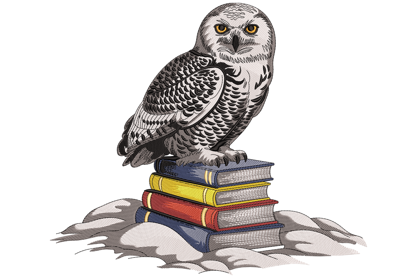 Snowy owl on books embroidery design with amber eyes, white and charcoal plumage, on navy, mustard and red book spines.