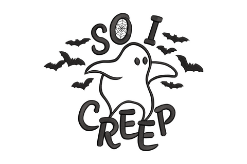 Halloween embroidery design: ghost with 'So I Creep' block lettering, bats scattered around, spider web in the letter O