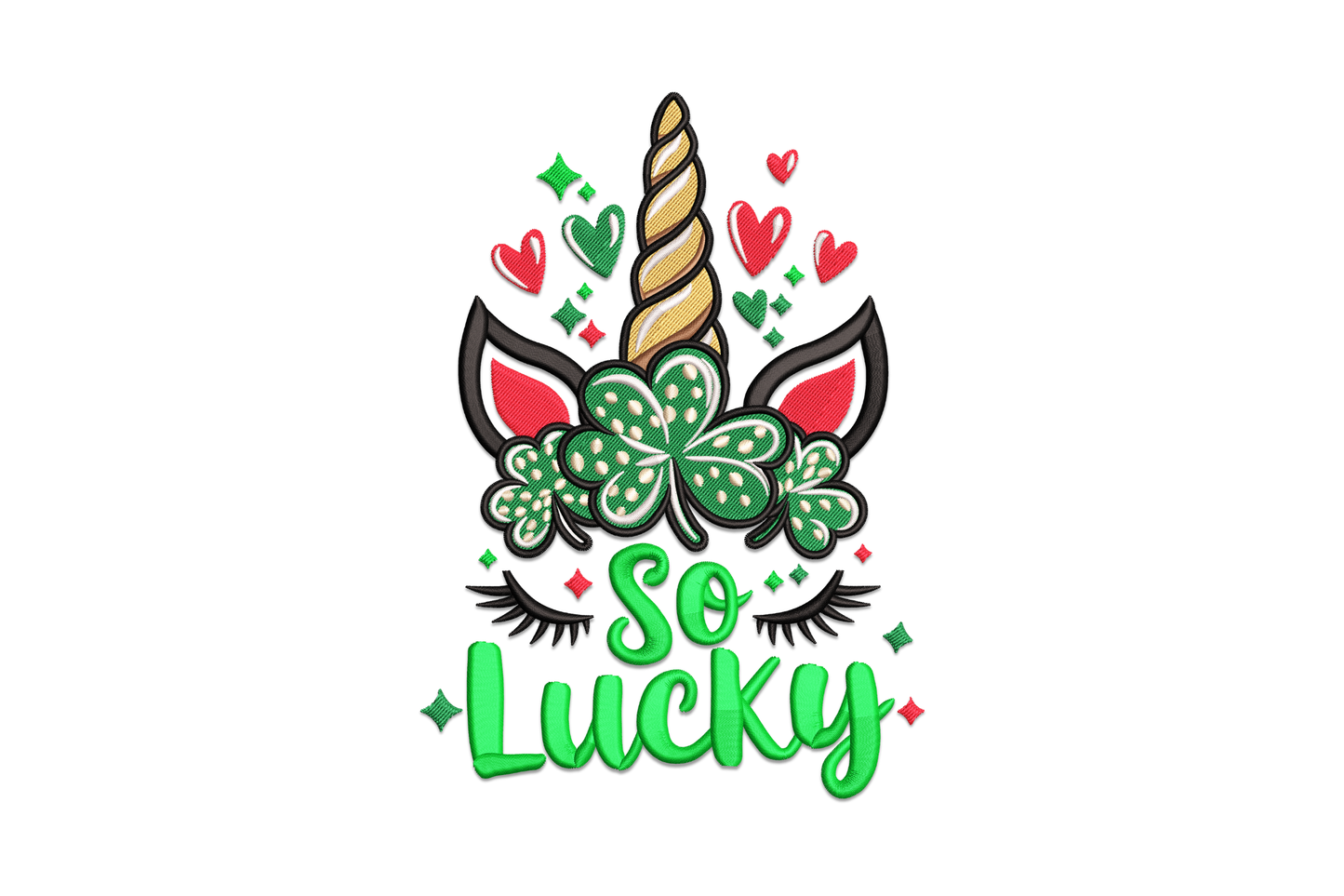 So Lucky unicorn face embroidery with a gold spiral horn, lash fringe and kelly green clover crown across the forehead.
