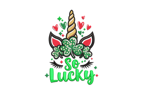 So Lucky unicorn face embroidery with a gold spiral horn, lash fringe and kelly green clover crown across the forehead.