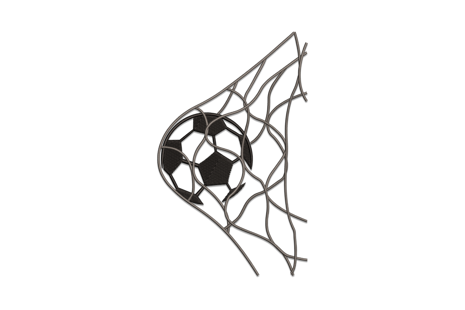 Soccer ball in goal net machine embroidery design, black satin ball with grey Madeira cord net, two colour, goal moment scene