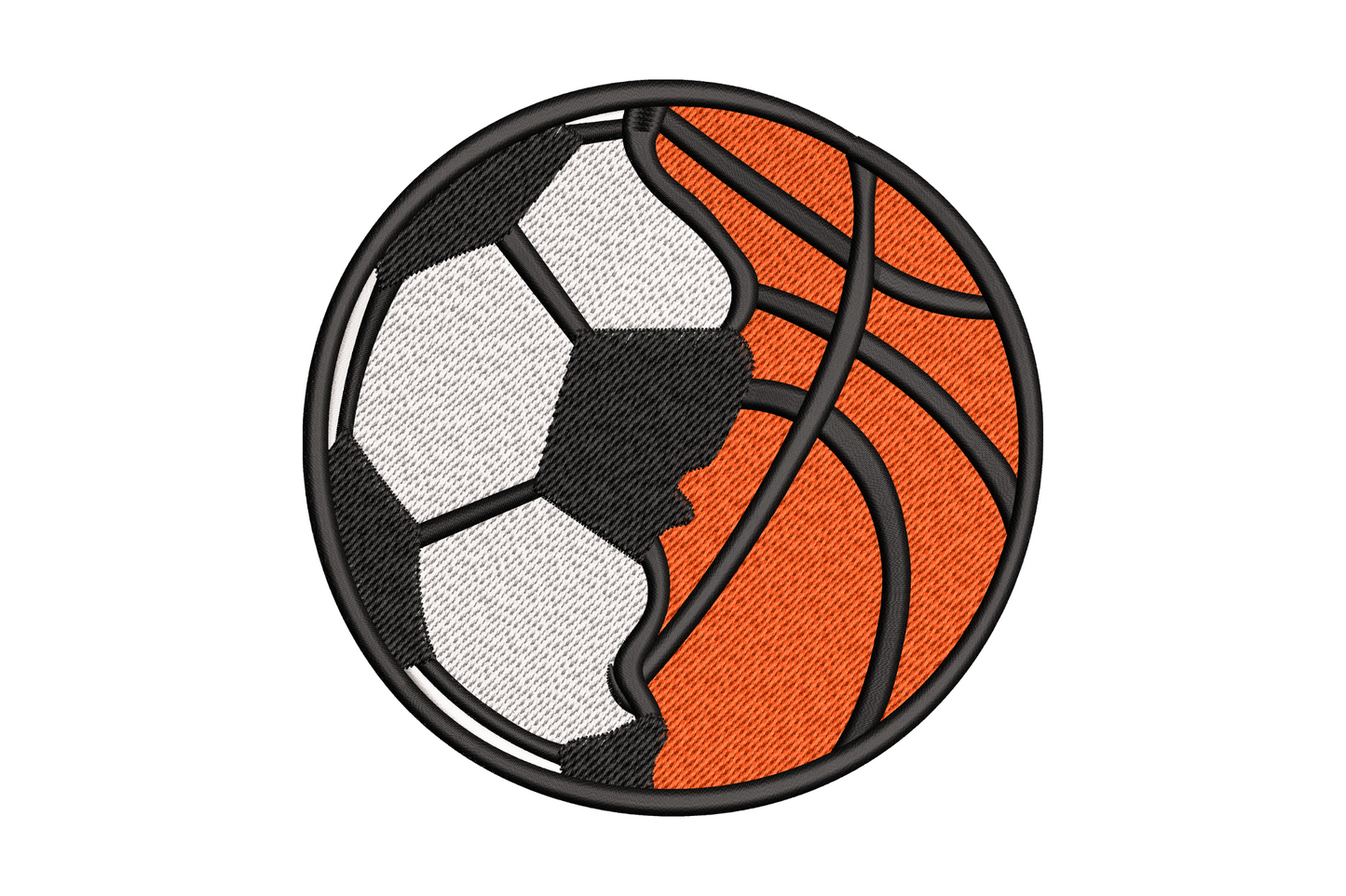 Soccer and basketball split ball embroidery design, left half black and white soccer panels, right half orange basketball with black lines.